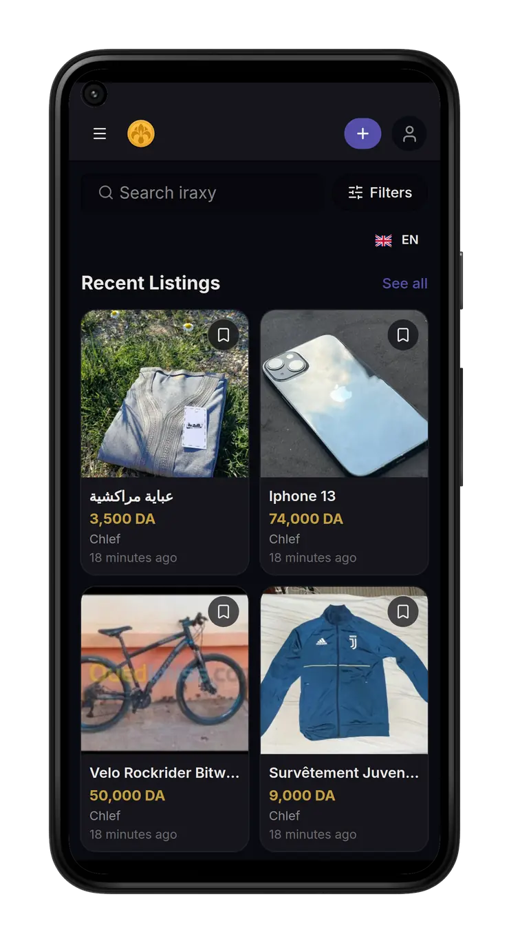 Iraxy app on mobile, dark mode